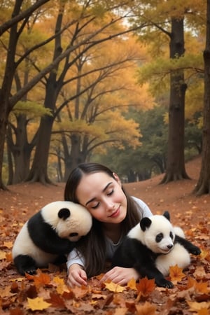 Create a photorealistic image of a woman lying peacefully with pandas on a bed of fallen leaves. The scene is set in a serene forest, with the vibrant autumn foliage contrasting with the playful, gentle pandas, johaneli, black hair