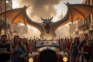 People fleeing in terror, screaming, their faces fearful.  The city is burning and a big fire breathing wyvern dragon is chasing them.
gabbiecar in foreground