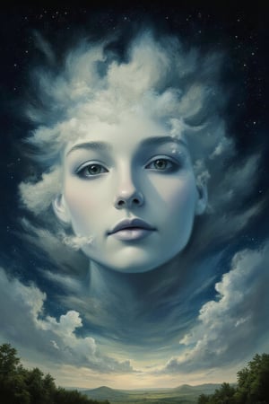 evamos (woman), a face forming within the clouds. The clouds should be detailed and textured, resembling a human face emerging from the sky. Surround the face with stars and cosmic elements,pavsok Style