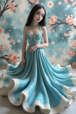 A mysterious spy, in the style of delicate porcelain sculpting, elegant figures, timeless fashion, exquisite, made of mythical creatures, flowing forms, pastel-toned toning, Oliver Jeffers, surreal background,johaneli, black hair,Fantasy detailers,Blue and white porcelain style,Fantasy detailers 