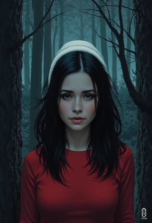 A woman (emely, black hair, black eyes) in a forest at night, horror illustration, shadows behind. She is wearing a red sweater and a white beanie.
Art style: Blend of realistic features and whimsical, dreamlike elements. Soft edges, no harsh lines. Rich, saturated colors with gentle gradients.
,PT[WPM]