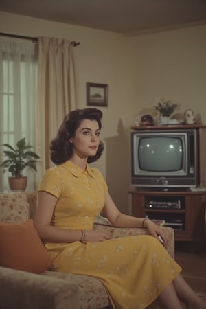 1950s Panavision screengrab of a pretty lady, mid-shot, soft golden lighting, lady in a vintage dress, sitting on a couch, watching TV, retro living room setting, detailed set design, sepia tones, cinematic composition, focus on facial expression, subtle smile, nostalgic atmosphere, classic TV set in the background.,laurenga