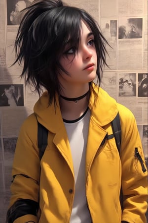  big black hair, hair flowing over, messy hair, choker, closed mouth, collar, dog tail, hand in pocket, hat, hat with ears, hood, hoodie, jacket, yellow jacket, long hair, long sleeves, looking at viewer, nail polish, open clothes, open jacket, newspaper wall background, johaneli,emoart,Fantasy detailers 