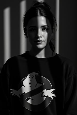 A striking black and white portrait photograph of a woman (emely). The dramatic lighting casts deep shadows across their face and body, creating a captivating striped pattern. The subject is wearing a large black sweatshirt with a big Ghostbusters logo on it. the lighting accentuates the facial contours and the unique texture of their hair. The background features vertical lines that complement the overall striped effect, making for a powerful and artistic portrait., portrait photography