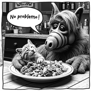 black and white image of a plateful of food with a sleepy kitten on it, in a bar, alfalf ignoring it, drinking instead. Detailed closeup. A text bubble reads: "No problemo!"


