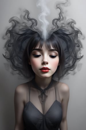 black and white image, midshot of a woman, (red lips only), billowing grey smoke completely surrounding her, the smoke turns in the shape of a heart and pose in her hair, black hair floating with the smoke, (((heart made only of smoke))). (johaneli),smoke visualization