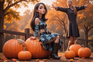 A woman (johaneli, black hair, ponytail) wearing a pin-up dress with blue and white squares, she is sitting on a pumpkin and is surrounded by pumpkins of all the sizes, big pumpkins, small pumpkins. Warm colors, golden hour, autumnal, halloween is coming, illustrated, there is a scarecrow in background, bokeh, depth of the field. 