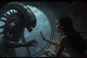 Create a photorealistic image of a female with transparent body parts reaching out towards a menacing H. R. Giger Xenomorph in the dimly lit cabin of a spaceship. The scene captures the eerie tension between the females ethereal form and the alien’s threatening presence, with the spaceship’s metallic interior adding to the atmosphere of suspense, johaneli, black hair