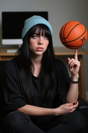 Photorealistic 8k RAW photo of Billie Eilish (black hair) wearing a light blue beanie. She is seated on a black couch, with her left hand raised in the air, balancing an orange basketball on her index finger. Her eyes are focused on the basketball, looking to the right. The background is blurred, featuring a wooden desk and computer monitor. The image is ultra-detailed with high-resolution clarity, natural lighting, and a focused composition on his dynamic pose and muscular physique.