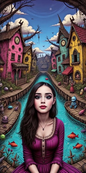 creates a masterpiece, of a woman (johaneli, black hair) in a floating village on a river with pink, yellow and blue houses, which sway on the water while ghost fish swim beneath them in a spooky Tim Burton style.,digital illustration. The woman is sitting foreground. The face of the woman is visible to the viewer. Frontal view of her.