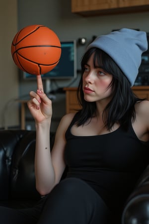 Photorealistic 8k RAW photo of Billie Eilish (black hair) wearing a light blue beanie. She is seated on a black couch, with her left hand raised in the air, balancing an orange basketball on her index finger. Her eyes are focused on the basketball, looking to the right. The background is blurred, featuring a wooden desk and computer monitor. The image is ultra-detailed with high-resolution clarity, natural lighting, and a focused composition on his dynamic pose and muscular physique.