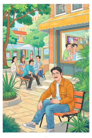 A whimsical line drawing transitions to a vibrant college campus scene, where a lively 1 male man, (psmoguel) with moustache, glasses,upper body portrait sits on a bench outside a bustling café., stylish baseball cap The central figure is surrounded by lush greenery and students chatting in the morning air. The camera uses a 35mm f/2.0 wide-angle lens capturing the playful texture crisp lines and youthful color blocks.,guochao