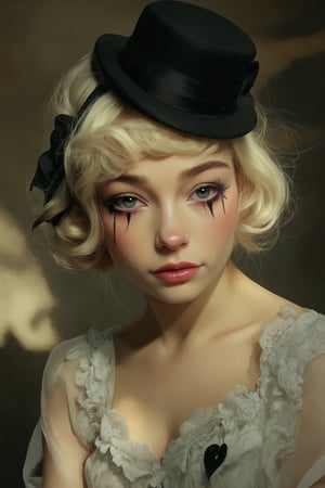 detailed oil painting, clown female (evamos), in white clothes with lace and a small black top hat,
blond hair tousled like straw, makeup, tears and one small black heart are drawn on the
cheeks, in the Art Deco style of the 1920s, illuminated by spotlights, embarrassed, kind and sweet, serious and flirty at the same time, calm vibration of the shadows of sleep, retro background in boho style, ultra high quality model, masterpiece, sharp focus, depth of field,
unreal engine, perfect composition, digital art on Pixiv Fanbox, artstation, 8k, hdr