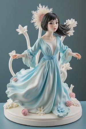 A mysterious spy, in the style of delicate porcelain sculpting, elegant figures, timeless fashion, exquisite, made of mythical creatures, flowing forms, pastel-toned toning, Oliver Jeffers, surreal background,johaneli, black hair,Fantasy detailers,Blue and white porcelain style,Fantasy detailers 