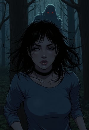 an anime style of a woman (emely, black eyes, black hair) running through a forest, at night, ct-skyzo_identity