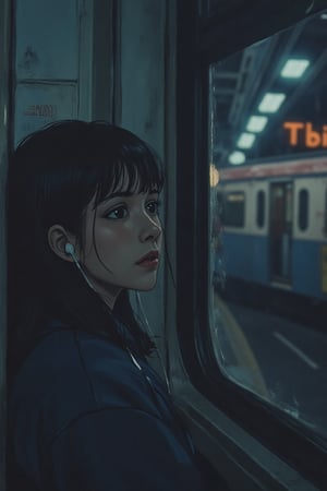 manga_realistic, night,The woman is leaning against the subway wall and looking out the window. She is listening to music with her earphones on,Muted Retro Colors Anime.,emely