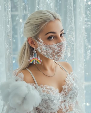 a surreal portrait of a beautiful girl wearing huge glass rainbow-shaped earrings. The light coming through the earrings and reflects on the white sparkling walls. The girl has white slicked back hair and wearing sparkling maskara. She has clouds on her shoulders. Surreal portrait for a magazing cover. laurenga