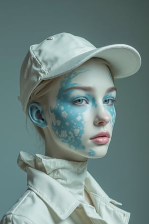 A mysterious spy with subtle blue camouflage on her face, in the style of delicate porcelain sculpting, elegant figures, timeless fashion, exquisite, made of mythical creatures, flowing forms, pastel-toned toning, Oliver Jeffers, surreal background,evamos