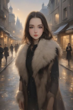 1girl, fine art parody, oil painting style, masterpiece quality, walking in victorian city, close up, stunning image, light particles. johaneli, perfect face, black hair, looking at viewer