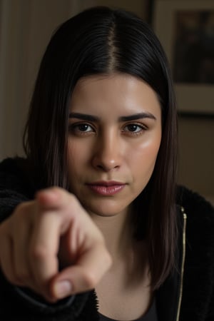 A woman's face is centered in the frame, her left eye slightly ajar while her right eye remains fixed on some unseen point. Her outstretched hand, palm facing forward, points accusingly as if indicating something just off-camera. The background is soft focus, allowing the viewer's attention to remain focused on the subject's intense gaze and dramatic pose. emely