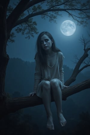 Hyper-realistic image of a ghostly girl with pale skin, sitting on a branch in a tree. She wears shabby all-white clothes, messy long hair, and white eyes. The background is at night with thick fog, a dramatic dark sky, and a pale moon. Cinematic lighting enhances the eerie, scary atmosphere. The scene is intricate, sharp, and symmetrical, framed according to the rule of thirds. Ultra-realistic,details. johaneli