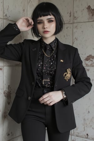 Solo,Real,nasty woman, aesthetic woman, emo aristocratic style, short black hair,eye shadow,emo Gothic makeup, chic black business suit with polka dot tie, 
black manicure finger,(luxury golden lapel pin chain), Flower handkerchief in chest pocket, Skinny woman,,lyh,dal,gothic-chic_style, emely