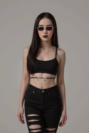 Half body Female goth with pale skin, long straight black hair, dressed in black ripped jeans with a black cropped tanktop, sunglasses, black lipstick, tattooed, tattooed face, tattooed body,luxury style,Perfect fashion, johaneli