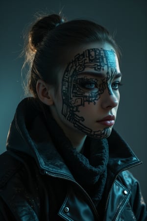 Masterpiece, professional, award-winning, intricate details, ultra high detailed, 64k, volumetric light, dynamic lighting, Movie Aesthetic, action shot, photo real, cinematic moviemaker style. Cyberpunk portrait, featuring glowing black circuit board tattoos inked on face held in dramatic cinematic lighting, embodying an epic skin detail, draped in a feudal ninja attire with a hint of sci-fi darkness, a silent fighter costumed in a satin-textured, glitchy and foggy shinobi robot ensemble. evamos