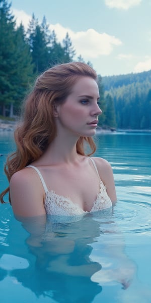 a close up watercolor portrait of lanadelrey swimming in the blue lake, looking up epic sky, lopgloss, glowing skin, floating hair, in bright lacy strapless, in rollerwave, well lit forest background, wet on paper, wet splatters, 