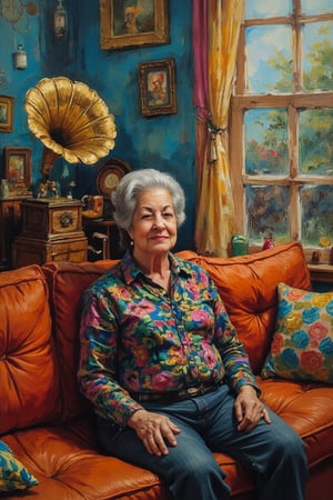 Oil painting of mamagrande (80 years old, short grey hair, slightly chubby), sitting on a sofa, listening to music, next to a vintage gramophone,, cozy scene,ilaian_maestro, brush strokes, almost impressionist