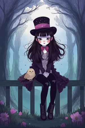 Dreamy art. A whimsical, gothic, and kawaii style art scene featuring johaneli with messy long black hair sitting on the fence with her fluffy owl beside her. She wears a top hat, styled by Artgerm, leather pants, buckled boots. The color palette includes purples, pinks, blacks, green and lavenders, with touches of white. She has marbled lipstick. The setting is magical and enchanting, like a moonlit forest or mystical castle, reminiscent of Anton Semenov's work.surrounded by a misty color palette of translucent blues, pale grays, and ethereal silvers, contrasting with hints of faded lavender and soft ghost green, incorporating indie fashion with flowing, otherworldly fabrics and vintage lace details.