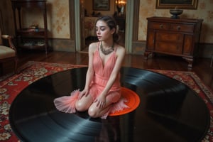 There's a giant vinyl record in the middle of a Victorian-style room. johaneli is sitting on the vinyl record, wearing a pink 1920s dress, barefoot. Very detailed face. Vintage style photography.