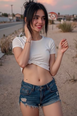 a 25 years old girl with black short hair tied in bun and black eyes, hands up, wearing white top, belly exposed, wearing blue denim shorts with chain on side, no shoes, view from below, dutch angle, looking to the side, grinning, eyes half opened, girl standing on sand ground, round road sign near girl prohibiting "ilusionarse" text, dawn sky and flat desert at background, twilight, sketchy rough minimalistic art style, flat colours, white particles, red-orange-blue color set