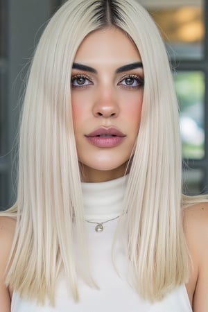 (Best quality, 8k, 32k, Masterpiece, UHD:1.2), portrait of a gorgeous naimav, posing for a fashion magazine white gloss lipstick, wearing a white turtleneck couture dress, white lipstick , ((Fancy white make up, white eyeshadow, long fancy eyeliner,)) face glitter, (platinum dyed straight hair), and attractive features, looking at viewer, eyes, eyelid, leashes, eyes contact, focus, depth of field, film grain, serious, ray tracing, sunset, ((contrast lipstick)), detailed natural real skin texture, perfect straight platinum dyed hairstyle ,visible skin pores, anatomically correct