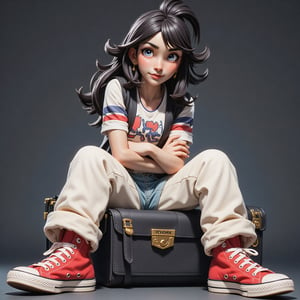 Sticker of a woman (emely, black hair,  black eyes), wearing casual clothes and red converse sneakers, sits on top of a vintage television, Kodak film style