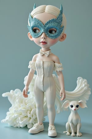 A mysterious spy with subtle blue camouflage on her face, in the style of delicate porcelain sculpting, elegant figures, timeless fashion, exquisite, made of mythical creatures, flowing forms, pastel-toned toning, Oliver Jeffers, surreal background,lilyco