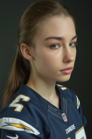  This image is a highly detailed, realistic portrait photography of evamos (woman), (medium shot), wearing a XL Los Angeles Chargers jersey.