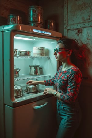 Anaglyph effect, a woman (emely), an old refrigerator, vintage kitchen view, 3D glasses, hyper-realistic, detailed appliance, soft lighting, wide-angle shot, rustic composition, faded colors, depth perception, high contrast, sharp focus, nostalgic vibe, retro aesthetic, digital art, warm atmosphere.