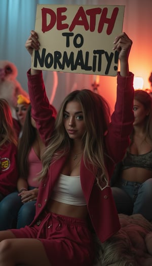 Even as her whole body sinks to the depths of hell, she desperately holds up a placard with one hand. The placard reads, "DEATH TO NORMALITY!",vanilopa