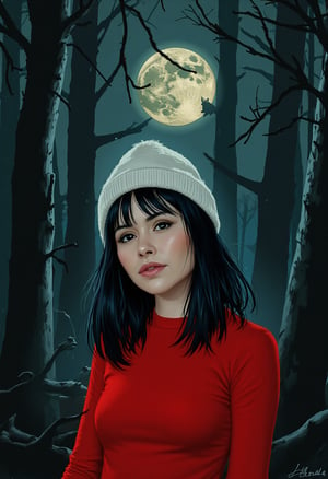 A woman (emely, black hair, black eyes) in a forest at night, horror illustration, shadows behind. She is wearing a red sweater and a white beanie.
Art style: Blend of realistic features and whimsical, dreamlike elements. Soft edges, no harsh lines. Rich, saturated colors with gentle gradients.
,PT[WPM]