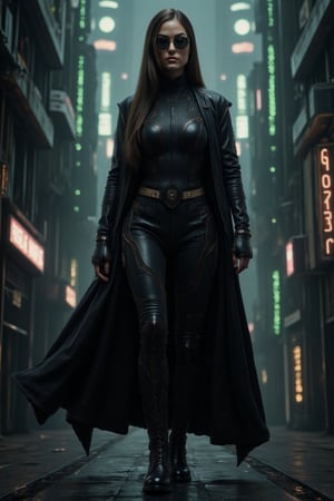 A mysterious woman in black, wearing a long black leather coat and dark sunglasses, in the style of a Matrix-like hacker. Her coat billows as she moves, and her face remains expressionless behind the sleek sunglasses. The background is filled with a digital matrix, lines of green code running across the scene, along with glowing neon signs and a shadowy, futuristic cityscape in the distance.,FuturEvoLabArmor,sashag,FluxBoost,Fantasy detailers 