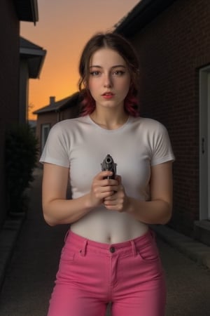 A girl stands confidently, her piercing gaze directed straight into the camera's lens as she holds a silver Colt pistol firmly in both hands. The pink tight trousers are scandalously short, accentuating her toned legs. A crisp white T-shirt provides a striking contrast to the dark alleyway behind her, where the setting sun casts a warm orange glow at dusk. Her bold pose and intense focus on the viewer create a sense of tension and empowerment.,gilliany