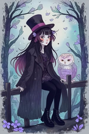 Dreamy art. A whimsical, gothic, and kawaii style art scene featuring johaneli with messy long black hair sitting on the fence with her fluffy owl beside her. She wears a top hat, styled by Artgerm, leather pants, buckled boots. The color palette includes purples, pinks, blacks, green and lavenders, with touches of white. She has marbled lipstick. The setting is magical and enchanting, like a moonlit forest or mystical castle, reminiscent of Anton Semenov's work.surrounded by a misty color palette of translucent blues, pale grays, and ethereal silvers, contrasting with hints of faded lavender and soft ghost green, incorporating indie fashion with flowing, otherworldly fabrics and vintage lace details.