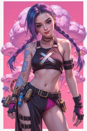 , jinxkaryln,jinx league of legends, johaneli, upper body, portrait, (snicker design with white border:1.2), background with hundred of lines shape, pink background, the woman in Jinx arcane dress, croptop and X on the chest (detailed outfit), smile crazy, under her body is grenades logo, X barrier and gatling guns, huge mushroom shape explosion on the background, intricate, masterpiece, (2D illustrator:1.2), best quality, highres, girly color, pink pastel background, (highly detail).