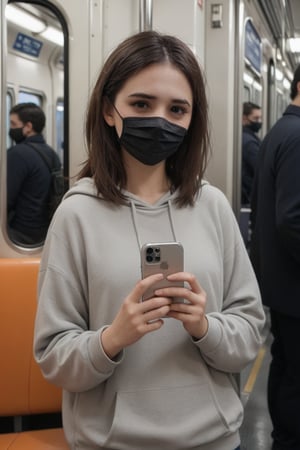 score_9, score_8_up, score_7_up, score_6_up, 
BREAK , 
source_real, raw, photo, realistic,  
BREAK, 

on public transportation. A young woman, wearing a face mask, is standing on what appears to be a train or subway car. She is wearing an oversized grey sweatshirt but has very little else covering her lower body, raising potential issues of privacy and inappropriate public exposure. There is another passenger visible in the background, looking at their phone while this situation unfolds nearby.,emely