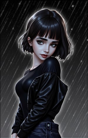 (((LEAVE SPACE AT THE TOP))) aesthetic, cartoon origin, cute face, pretty eyes, eyebrows, detailed eyes, The illustration, drawn from a low angle, depicts a vampire girl. Portrait of Vampy.  Is a 18 years-old vampire girl. She has ((((SHORT HAIR, black hair, )))). She is gothic. dark clothes, SENAKERS (((LONG T-shirt, large jeans, sneakers and jacket))). Ultra-high detail, detailed starry sky.  (((Vampy, upper body, close-up, monochrome, ((masterpiece: 2)), in the fast rain, eyes closed, cries, tears, sadness, artistic aesthetics, impressive image, proportional and detailed image. UHD, 8K, studio lighting, perfect composition, perfect lighting. Ultra-high detail, ))))))
DETAILED EYES, HANDS AND FINGERS!!
 The background is plain with abstract spots, which creates a stark contrast to the figure. HD Eyes: 1.4, Looking at Viewer Shot: 1.35, Head Tilted, Upper Body, Jeans, Simple Background, Drawing Lines, Sketch, (Lava Lamp Style), Light Design, Intricate Details, Simple Background, legendofnerd style, Simple BREAK Background, Diagonal Abstract Structure in Background, ((Colored Pencil)), Sketch, Painting, ((Paper Texture)), art_solyanka, SKP-highly detailed, SamYoung_Illustration lilyco
