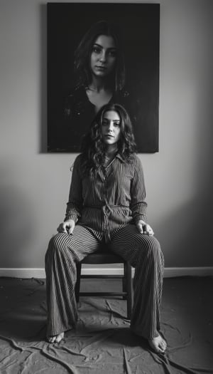 The image is a black and white photograph of a young woman sitting on a wooden chair. She is wearing a long-sleeved striped jumpsuit with a high neckline and long sleeves. Her hair is styled in loose curls and she is looking off to the side with a serious expression on her face. The background is a plain grey wall with a large painting hanging on it. The floor is covered with a gray cloth. The overall mood of the image is somber and contemplative. laurenga, professional photography, editorial photography, art photography, vogue magazine style photography,laurenga,evamos