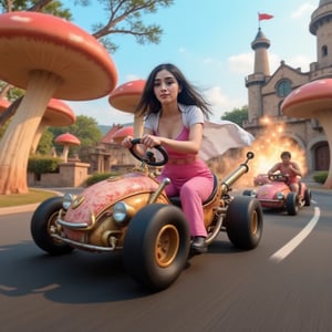 Hasselblad X1D II 50C, cinematic lighting, high contrast, ISO 100, with a 35mm wide-angle lens.
A high-energy, live-action videogame scene of a woman (johaneli, black hair) in the middle of a high-speed chase, like mariokart. She is wearing a victorian pink dress with a white cloak billowing behind her in the wind, gripping the wheel of her souped-up, steampunk-style race kart. The kart's exaggerated, cartoonish design features oversized wheels, exhaust pipes spewing thick smoke, and various gadgets sticking out, ready for sabotage.

The scene is set on a road surrounded with giant mushrooms on one side and a castle at the other. Behind her, other racers are caught in the chaos, dodging traps and obstacles set by her, like banana peels and red shells. The background blurs from the speed, and the lighting highlights the intense action, with sparks flying and debris scattering as cars crash and swerve around her. The scene captures the humor, action, and chaos of a live-action **Mario Kart**.,3d render,3d game character