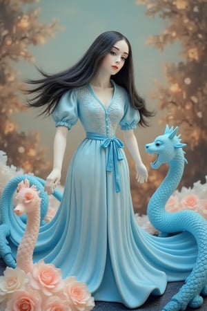 A mysterious spy, in the style of delicate porcelain sculpting, elegant figures, timeless fashion, exquisite, made of mythical creatures, flowing forms, pastel-toned toning, Oliver Jeffers, surreal background,johaneli, black hair,Fantasy detailers,Blue and white porcelain style,Fantasy detailers 