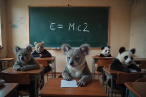 There is a clasroom. Students are sitting at their desks. The students are koalas and pandas. The teacher is gabbiecar. Very detailed face. There is a blackboard. In the blackboard is written the text "e=mc²"